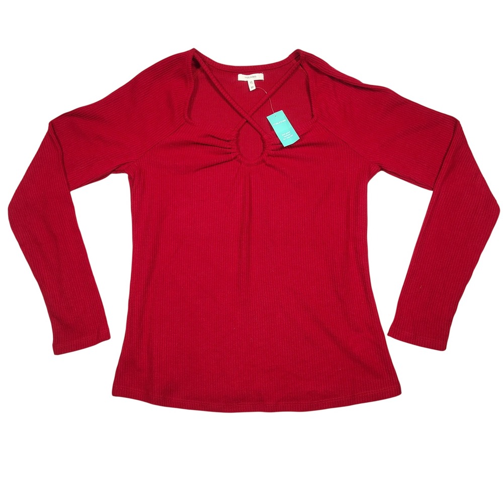 Maurices Top‎ Women Medium Red Criss Cross O-Ring Ribbed Knit Polyester Blend